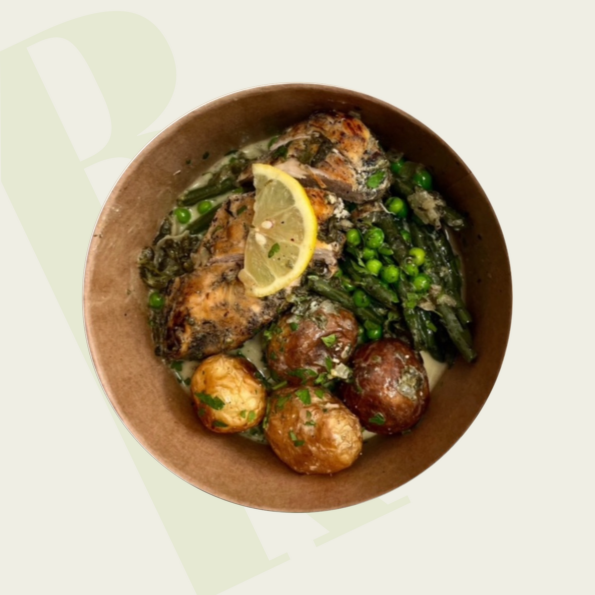Creamy Lemon Chicken with New Potatoes & Green Beans and Peas